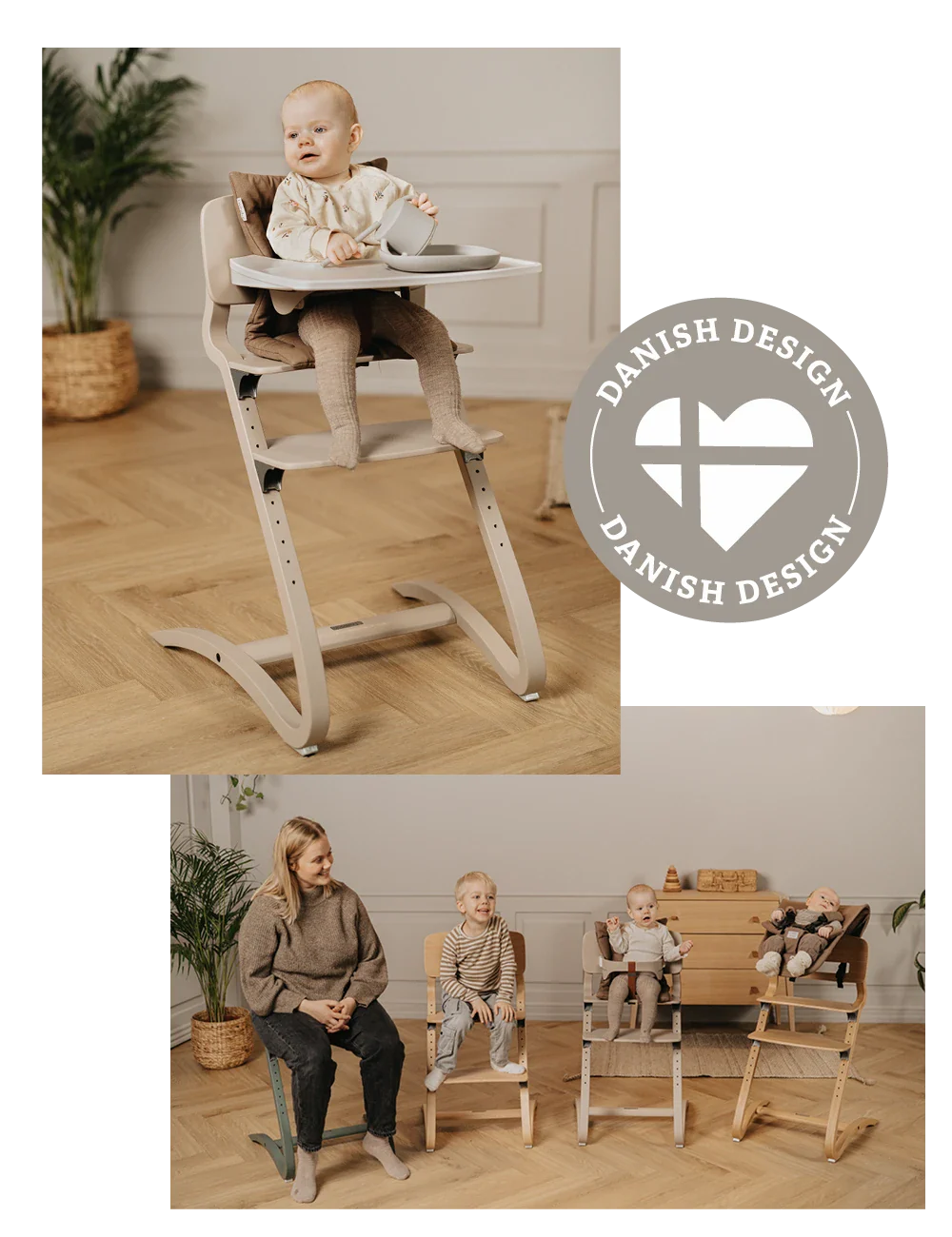 Adjustable wooden Leander Louie Highchair perfect with Toshi Baby Romper and baby strollers