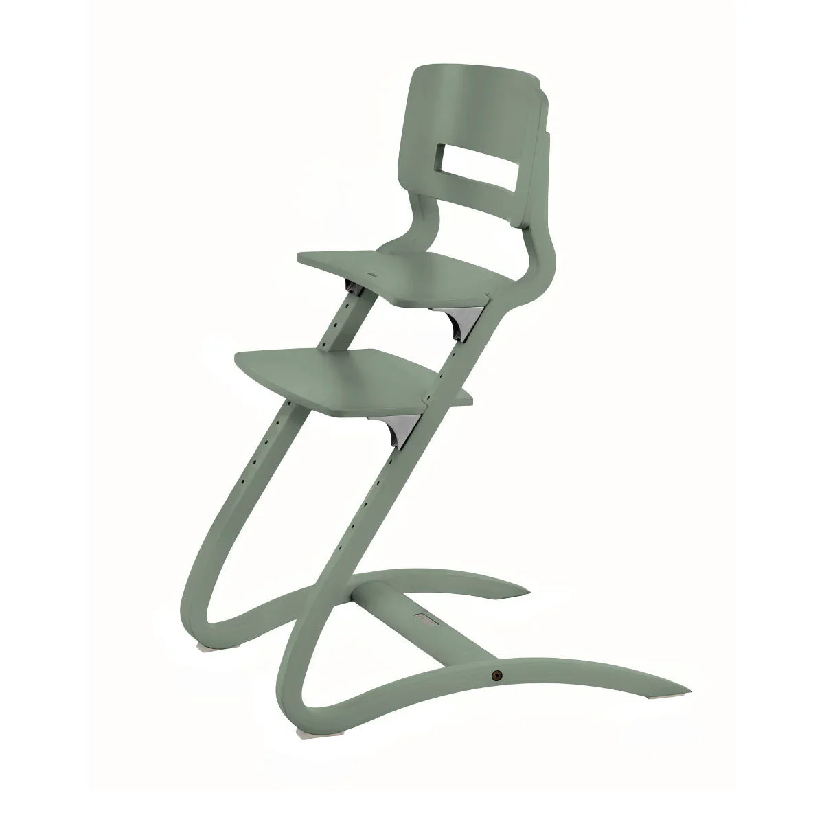 Adjustable green Leander Louie Highchair for baby feeding and toshi baby rompers