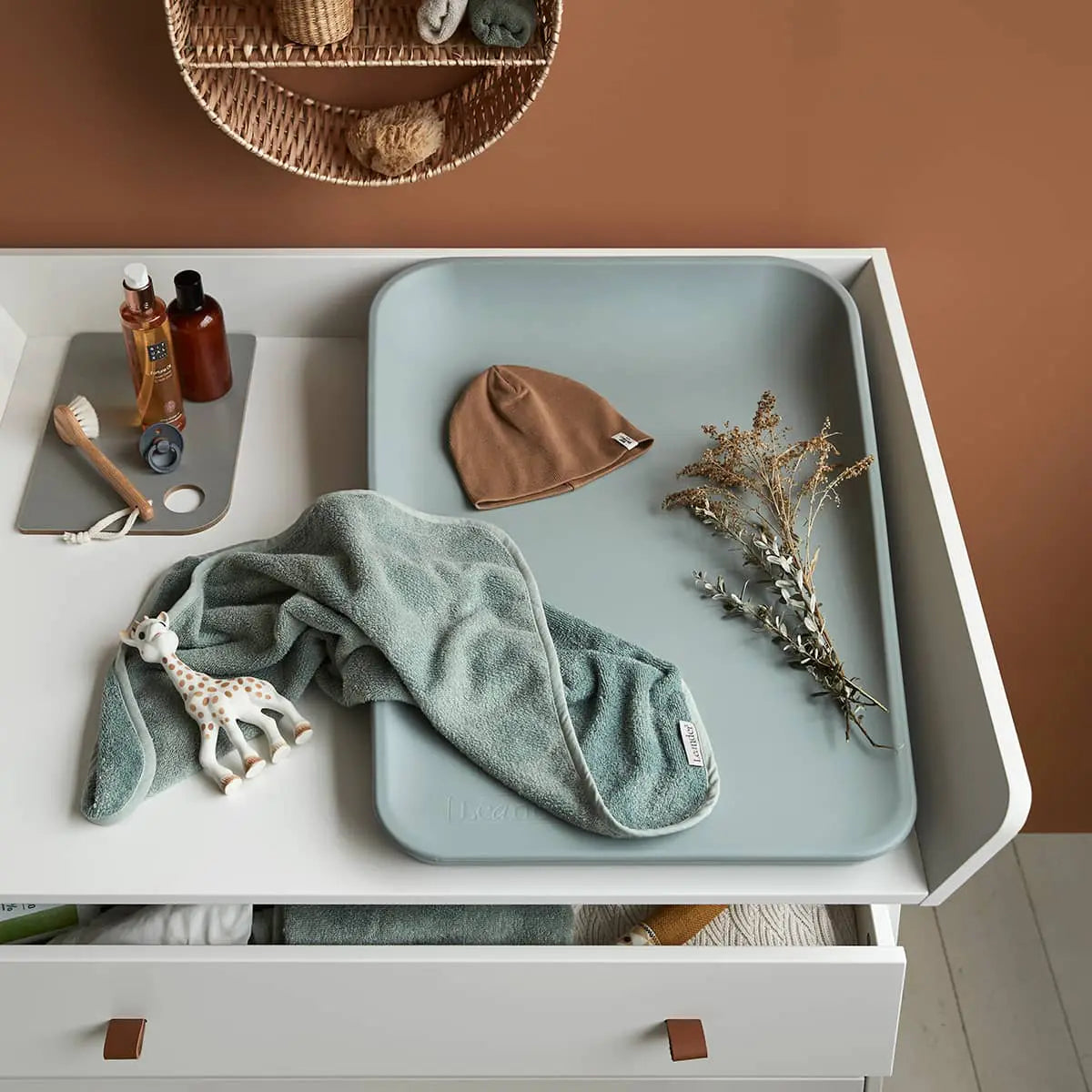Baby changing table with accessories for Toshi Baby and Leander Matty Change Mat in Sage Green