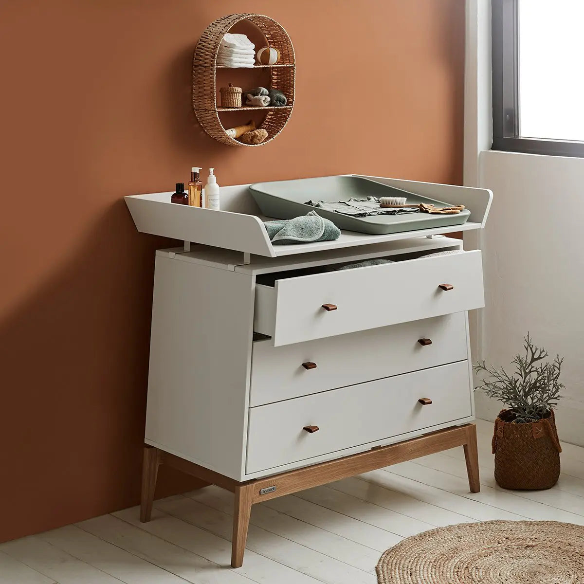 White changing table with drawers from Leander Matty for Toshi Baby, perfect for baby strollers