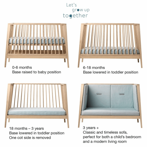 Convertible wooden baby crib to sofa in Toshi Baby Linea Cot Natural for versatile space