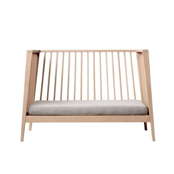 Wooden slat-backed bench with gray cushion for Linea Cot Natural 120cm by toshi baby