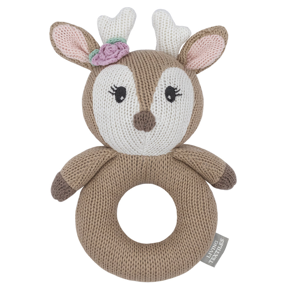 Living Textiles Toshi Baby knitted ring rattle featuring a cute knitted deer fawn