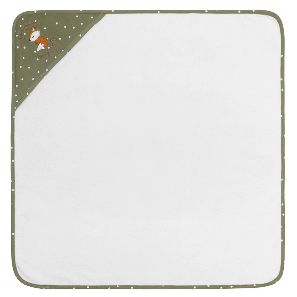 White baby hooded towel with fox design from Living Textiles Hooded Towel Forest Retreat featuring toshi baby style