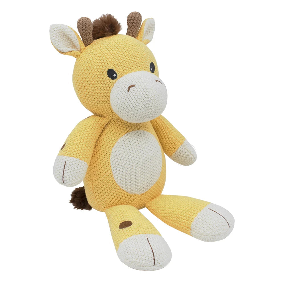 Living Textiles knitted yellow giraffe plush toy with adorable features for baby strollers