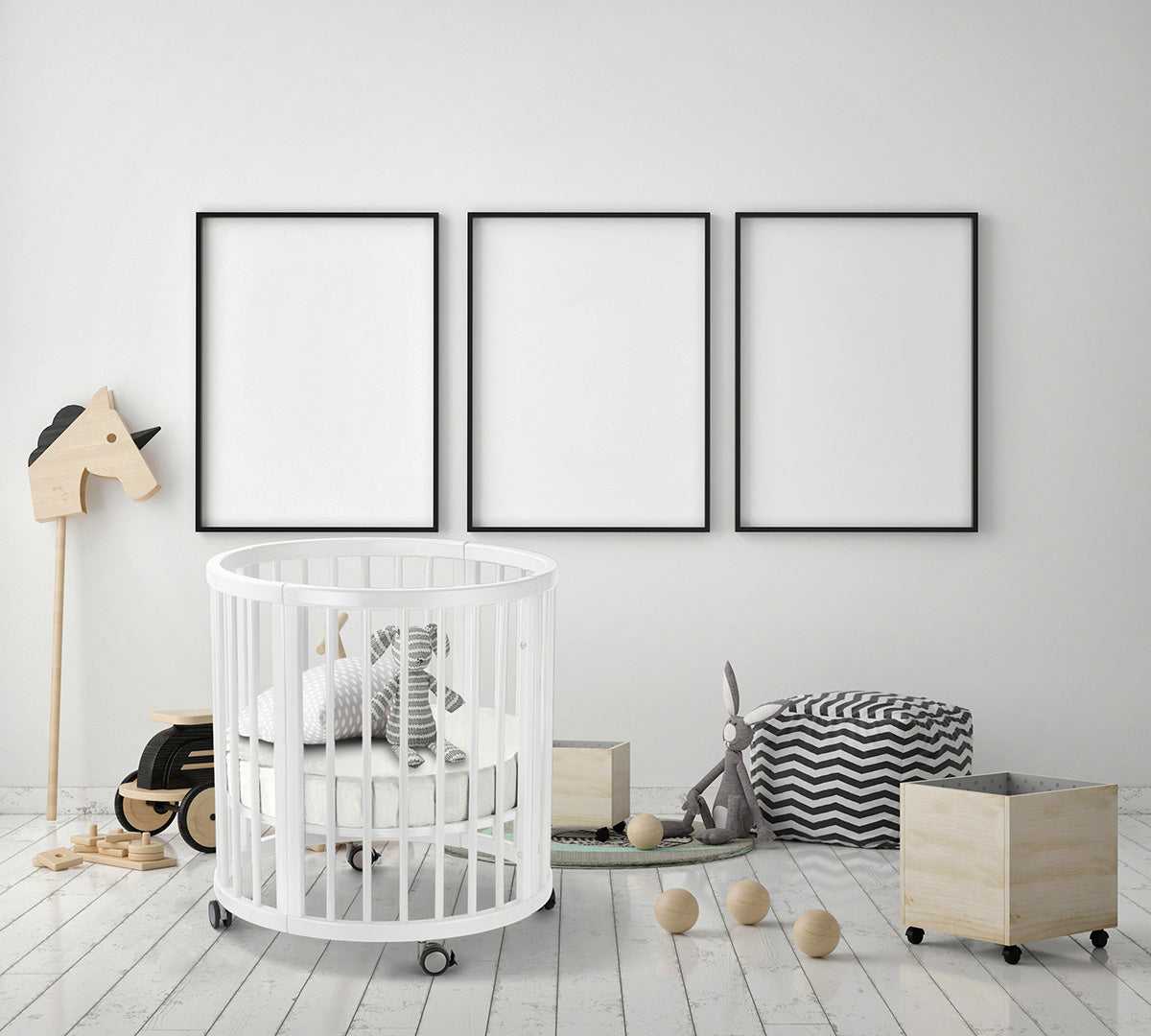 Nursery room with round crib from Lolli Sprout Cot 4 in 1 WHITE with Mattress featuring European Beech Wood