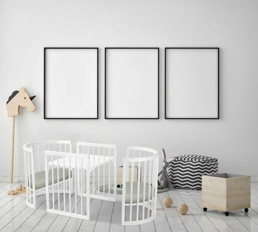 Nursery with three framed prints featuring Lolli Sprout Cot 4 in 1 WHITE with Mattress