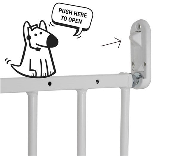 White safety gate with latch from Dogspace Lucky extending pet gate, great for baby strollers