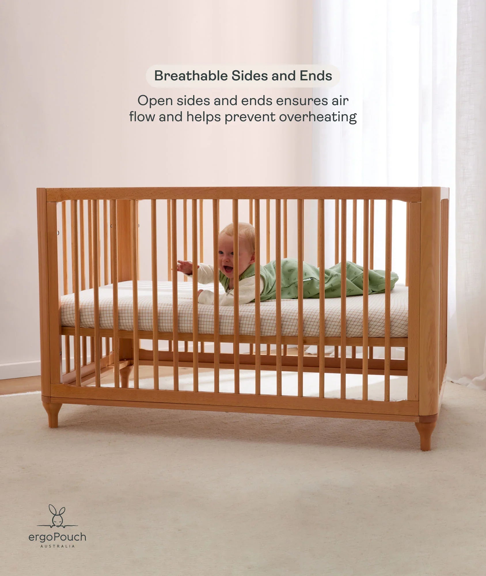 Lyra Convertible Cot Beechwood with breathable design, perfect for Toshi baby romper and baby strollers