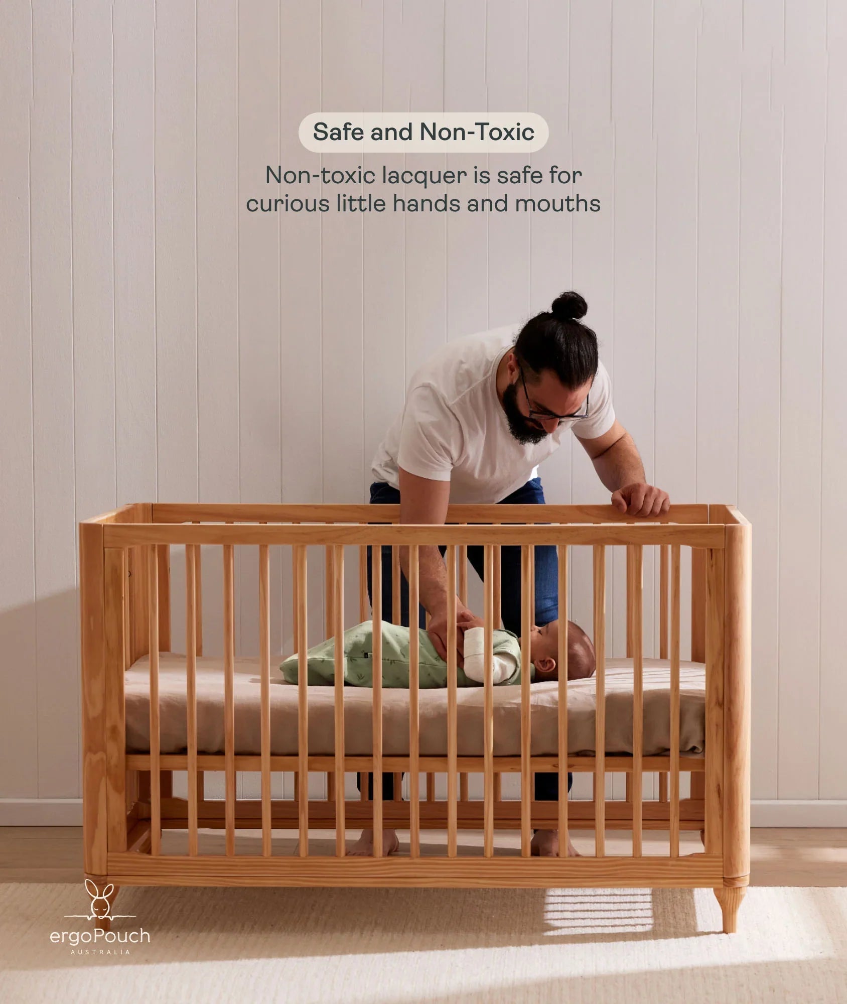 Wooden baby crib from Lyra Convertible Cot with Toshi Baby Romper and baby strollers