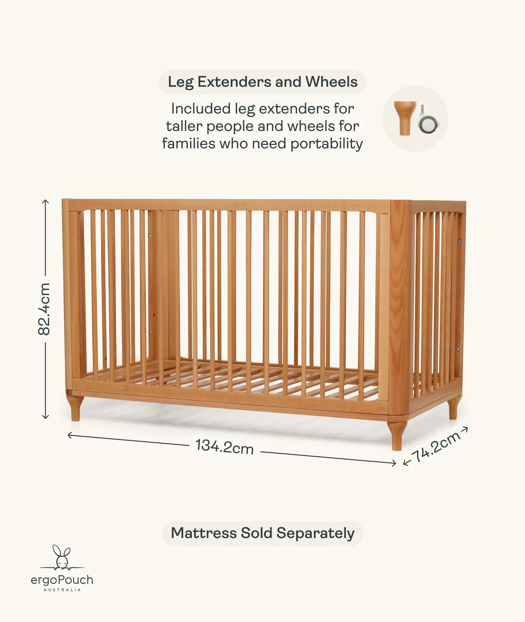 Wooden Lyra Convertible Cot Beechwood with dimensions for stylish nursery setup