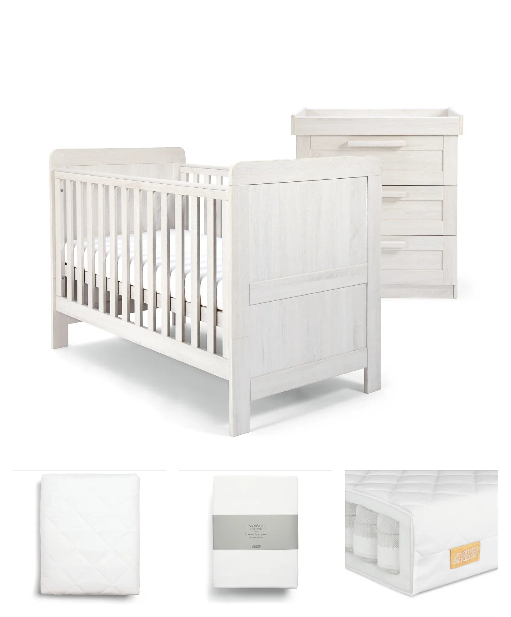 White baby crib and changing table from Mamas&Papas Atlas 5 Piece Set, perfect for a traditional dropside cot style