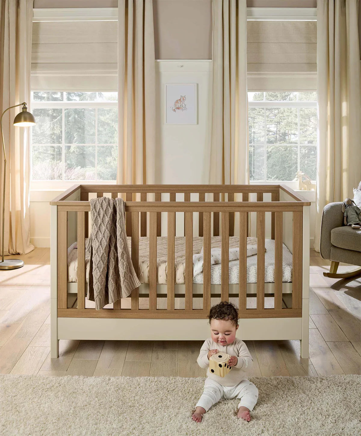 Wooden baby crib from Mamas&Papas Harwell Cashmere 5 Piece Set with cotbed mattress