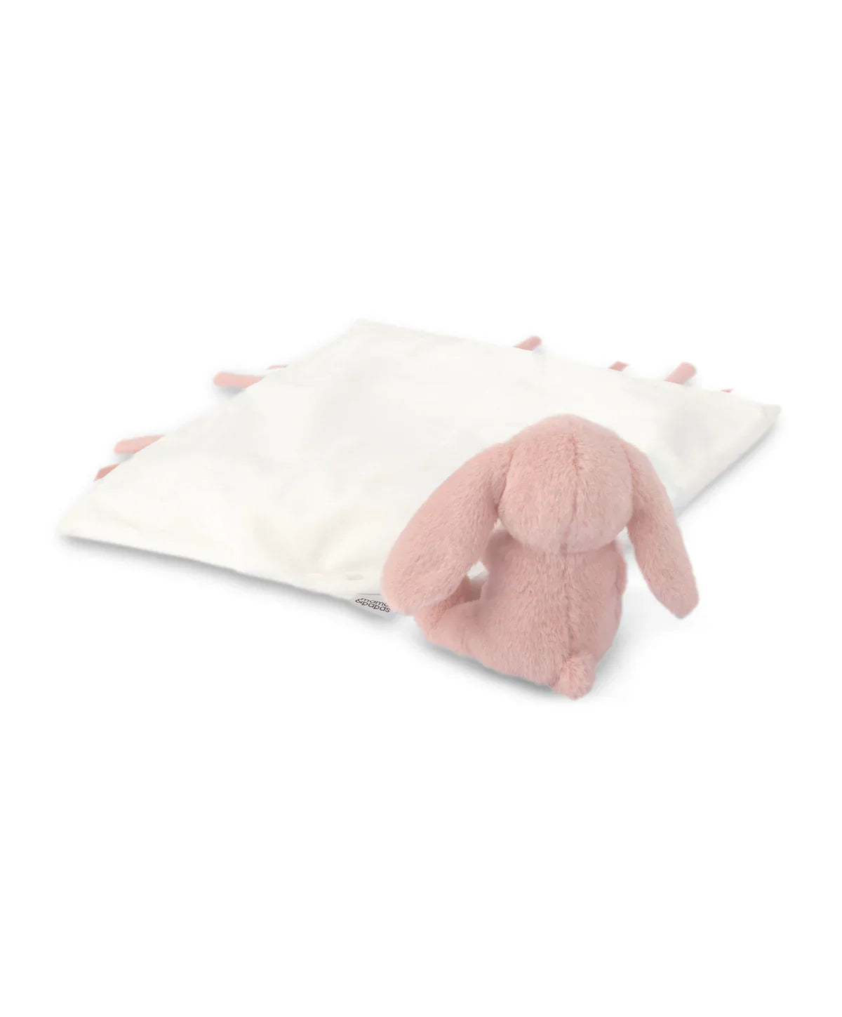 Pink bunny plush toy with white blanket from Mamas & Papas Pink Bunny Comforter, perfect for baby strollers