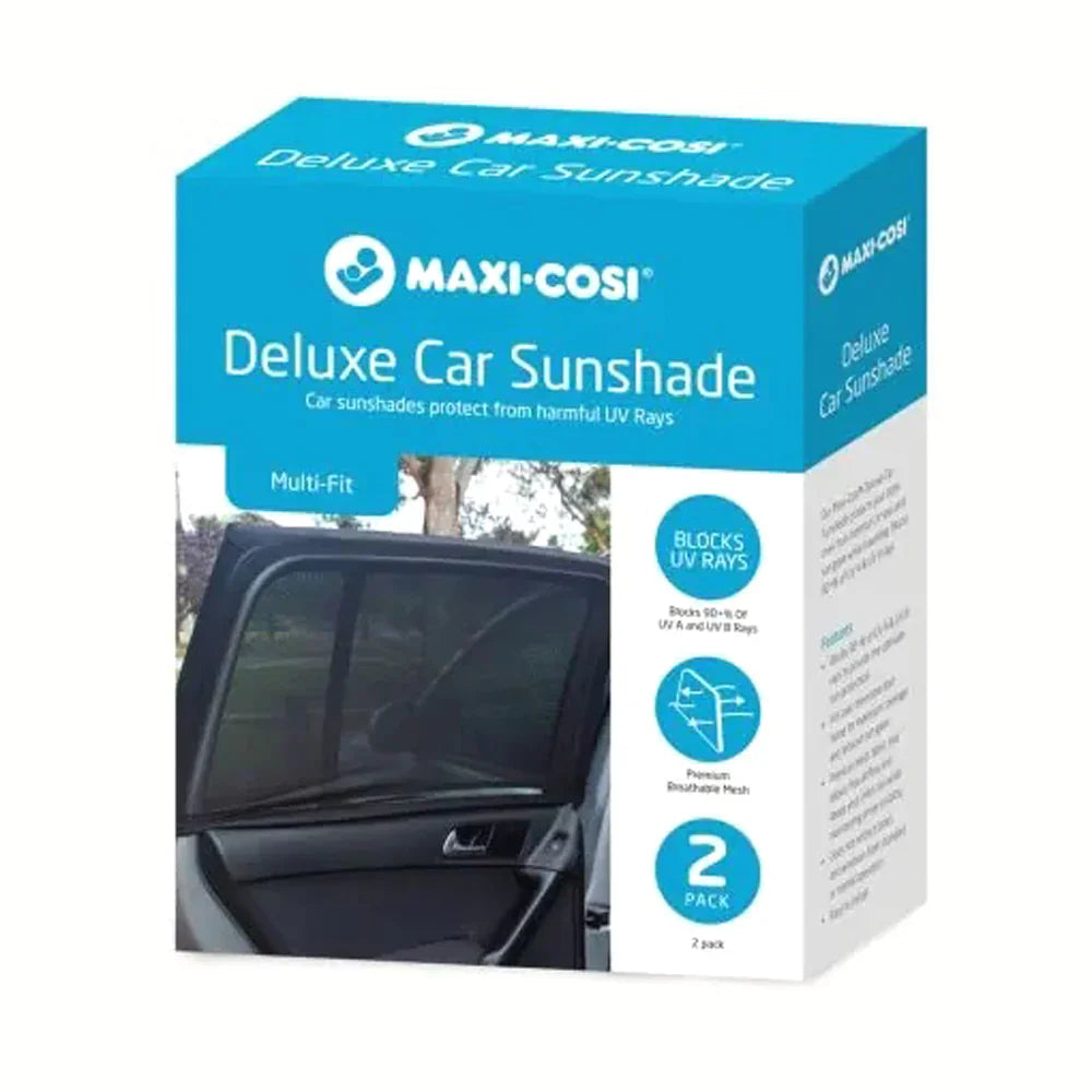Maxi Cosi Deluxe Car Sunshade packaging to block sun glare and keep your car cool