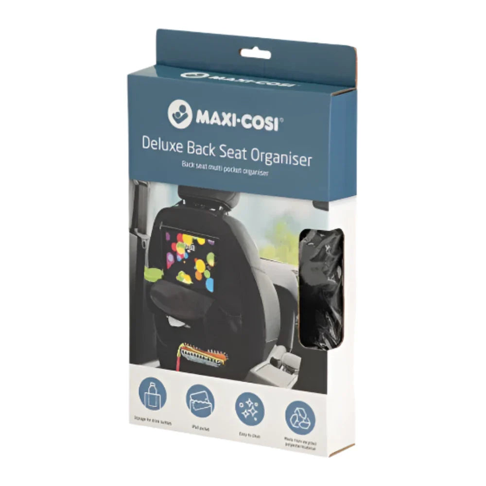 Maxi-Cosi Deluxe Back Seat Organizer in Packaging with Toshi Baby Romper and Baby Strollers