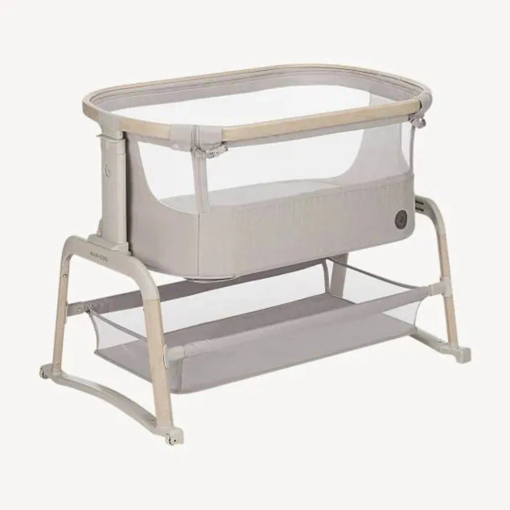 Beige Maxi Cosi Toshi Baby Air Bedside Sleeper with storage for comfy sleep