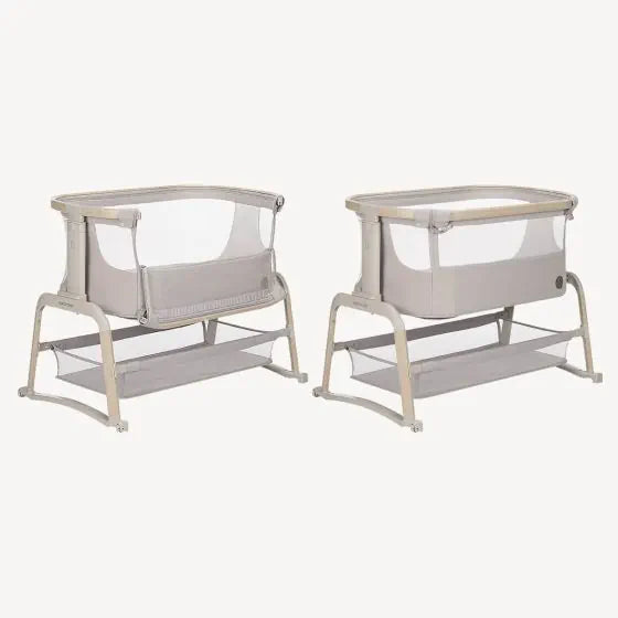 Two gray Maxi Cosi Iora Air Bedside Sleepers for Toshi Baby at home