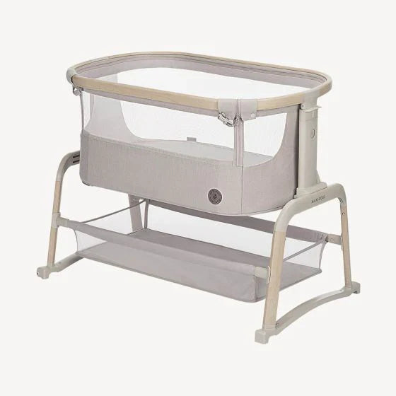 Beige Maxi Cosi Iora Air Bedside Sleeper with mesh sides for Toshi Baby and baby strollers