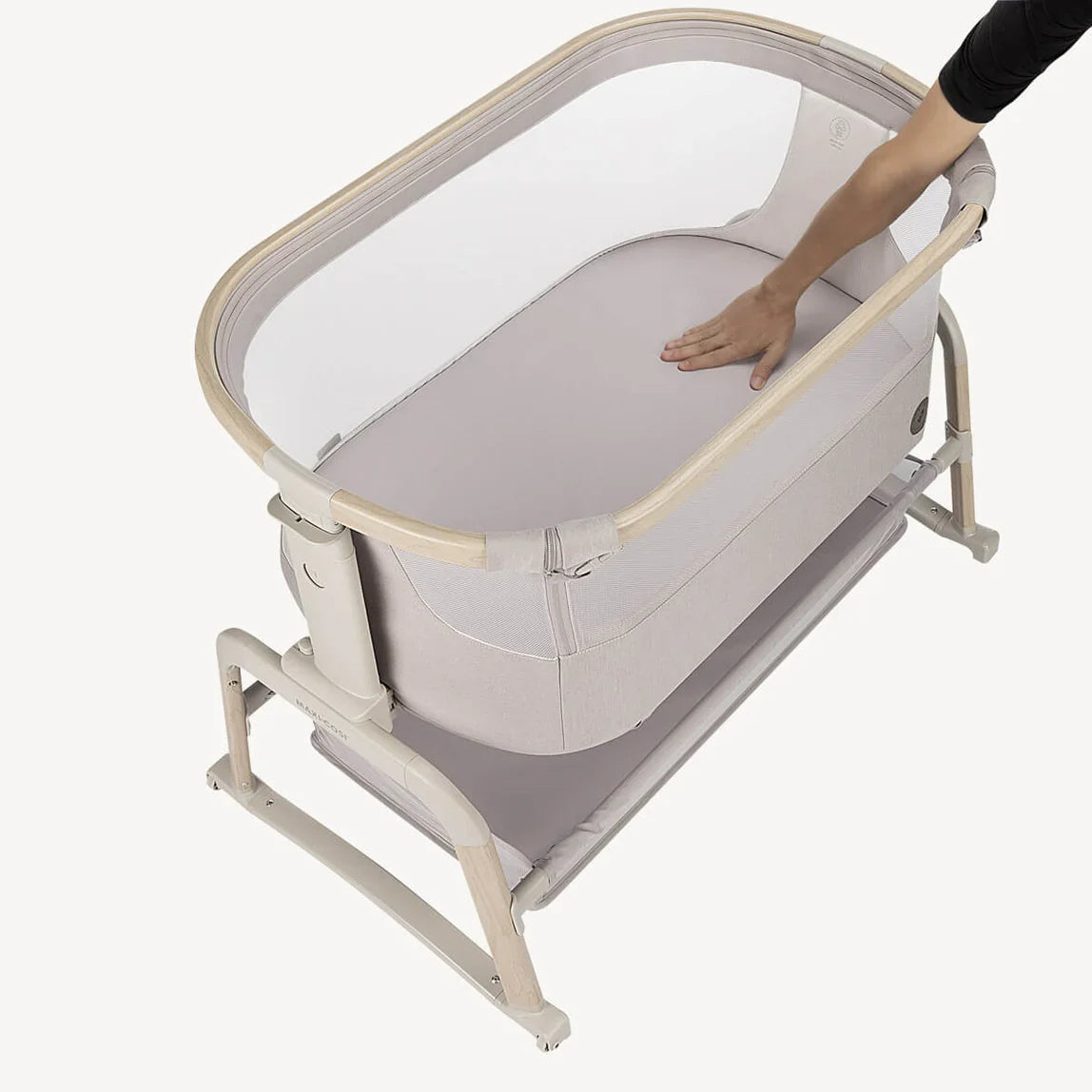 Beige Maxi Cosi Iora Air Bedside Sleeper with mesh sides for Toshi Baby and baby strollers