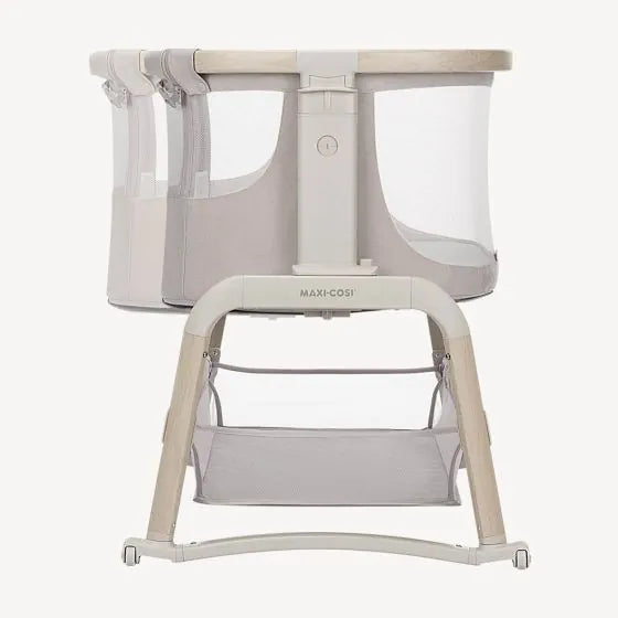 Gray Maxi Cosi Iora Air Bedside Sleeper with storage for Toshi Baby