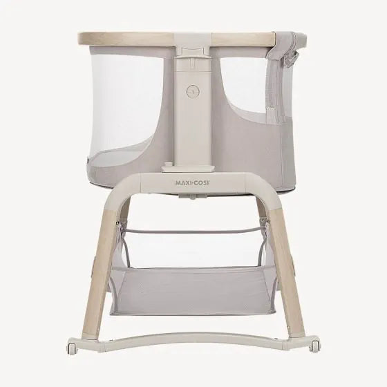 Beige Maxi Cosi Iora Air Bedside Sleeper with storage, perfect for toshi baby and baby strollers