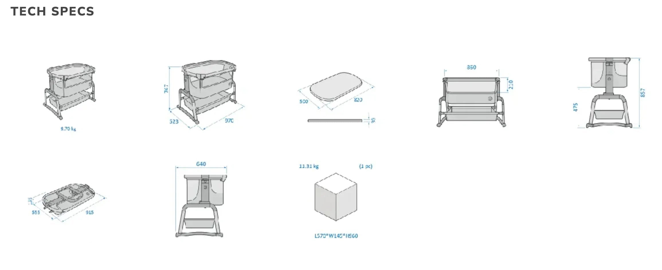 Technical specs of Maxi Cosi Iora Air Bedside Sleeper with Toshi Baby features
