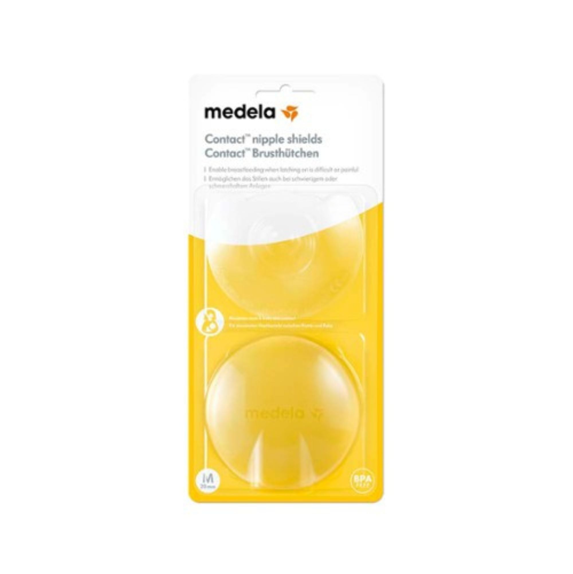 Packaged Medela Contact Nipple Shields with Toshi Baby Romper, baby strollers, and Odyssey Wagon Wheels in background
