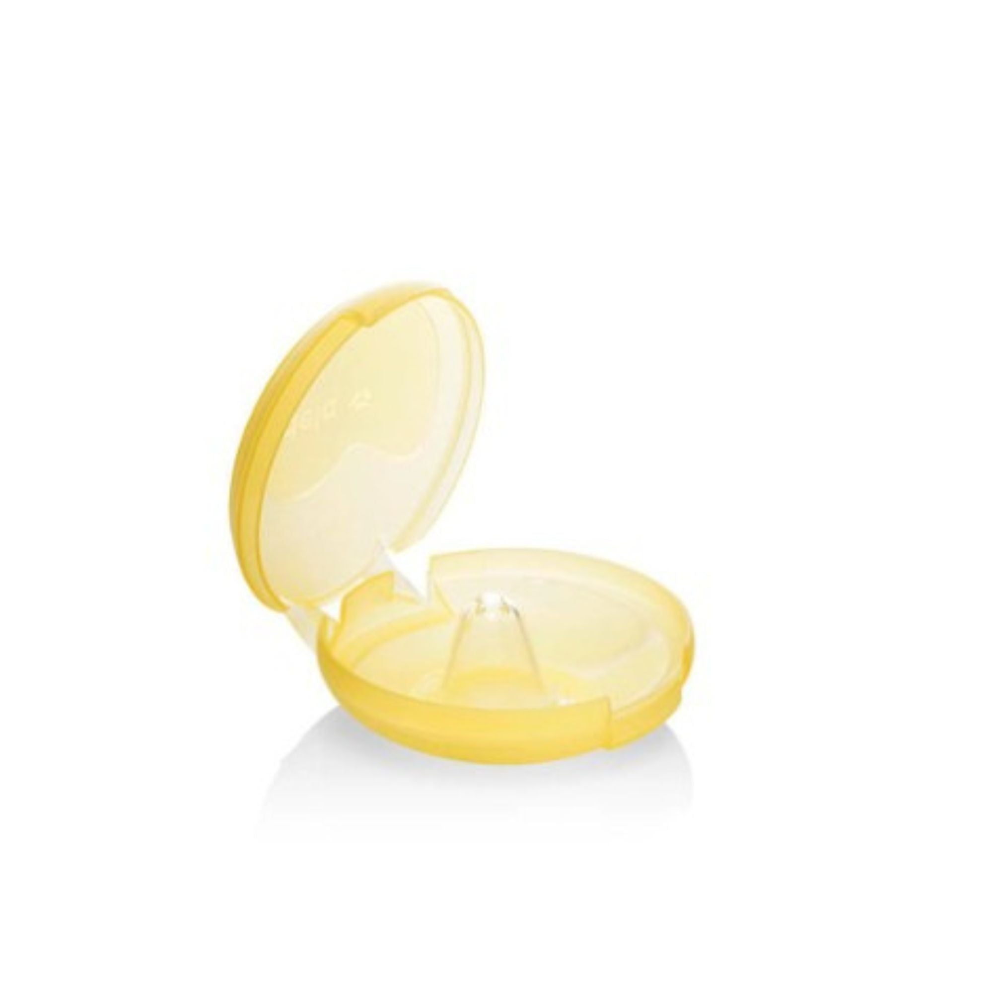 Open yellow pacifier case from Medela Contact Nipple Shields with Toshi Baby Romper style