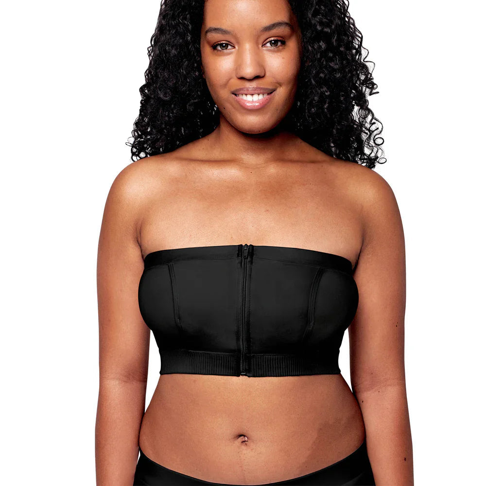 Black strapless compression bra from Medela Hands Free Pumping Bustier for Toshi Baby moms
