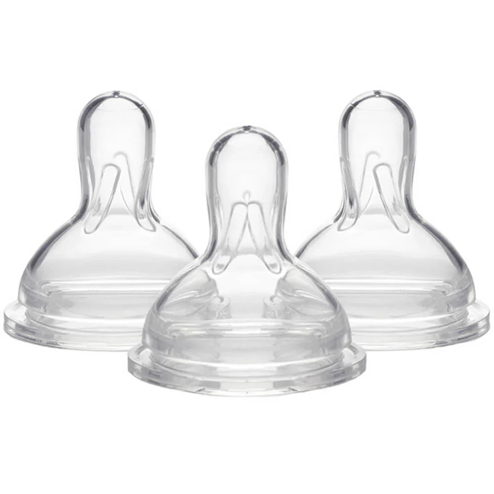 Three clear Medela Wide Base Teat nipples for Toshi Baby bottles, perfect for baby strollers