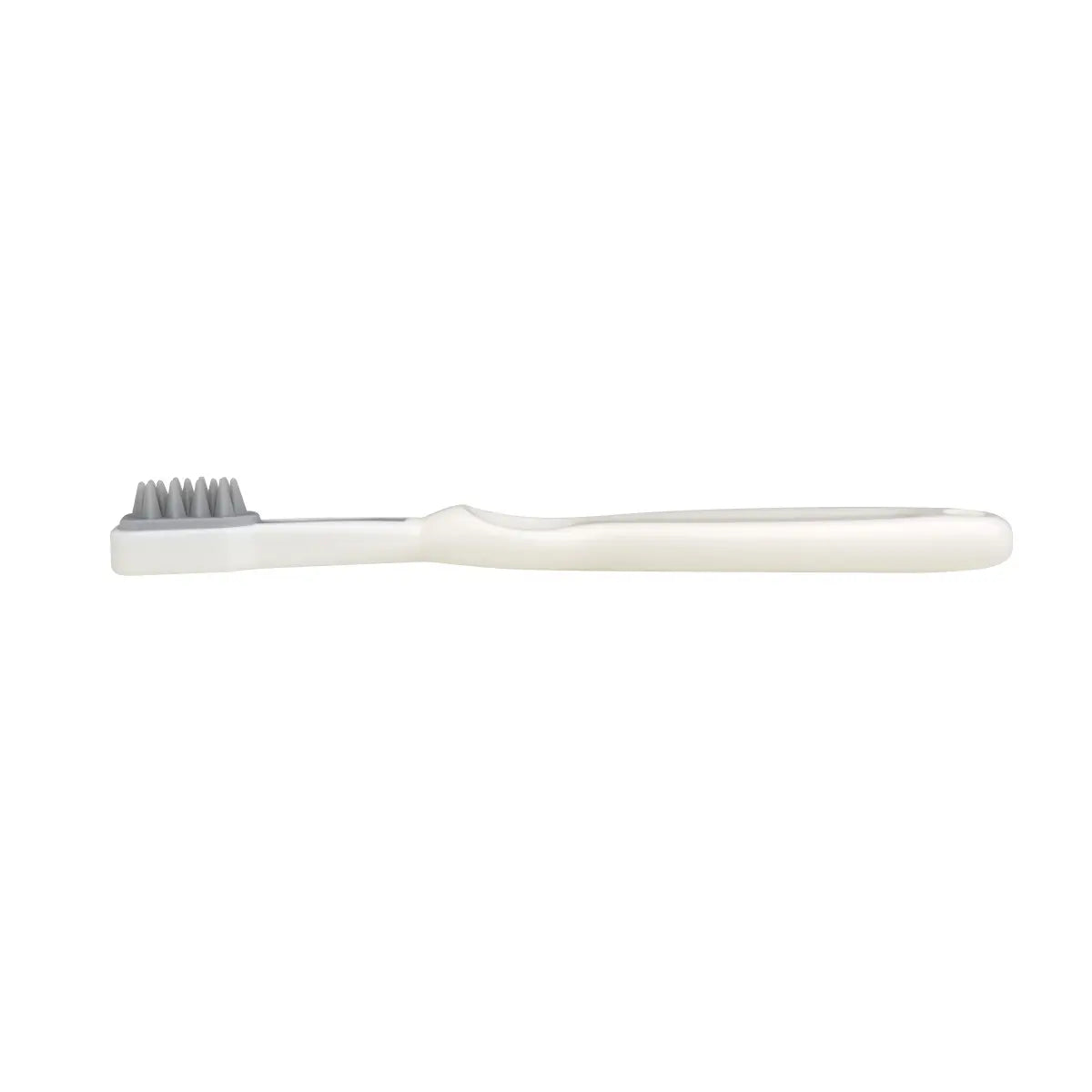White toothbrush with gray bristles from Mininor Baby Toothbrush Set perfect for Toshi Baby Romper and baby strollers