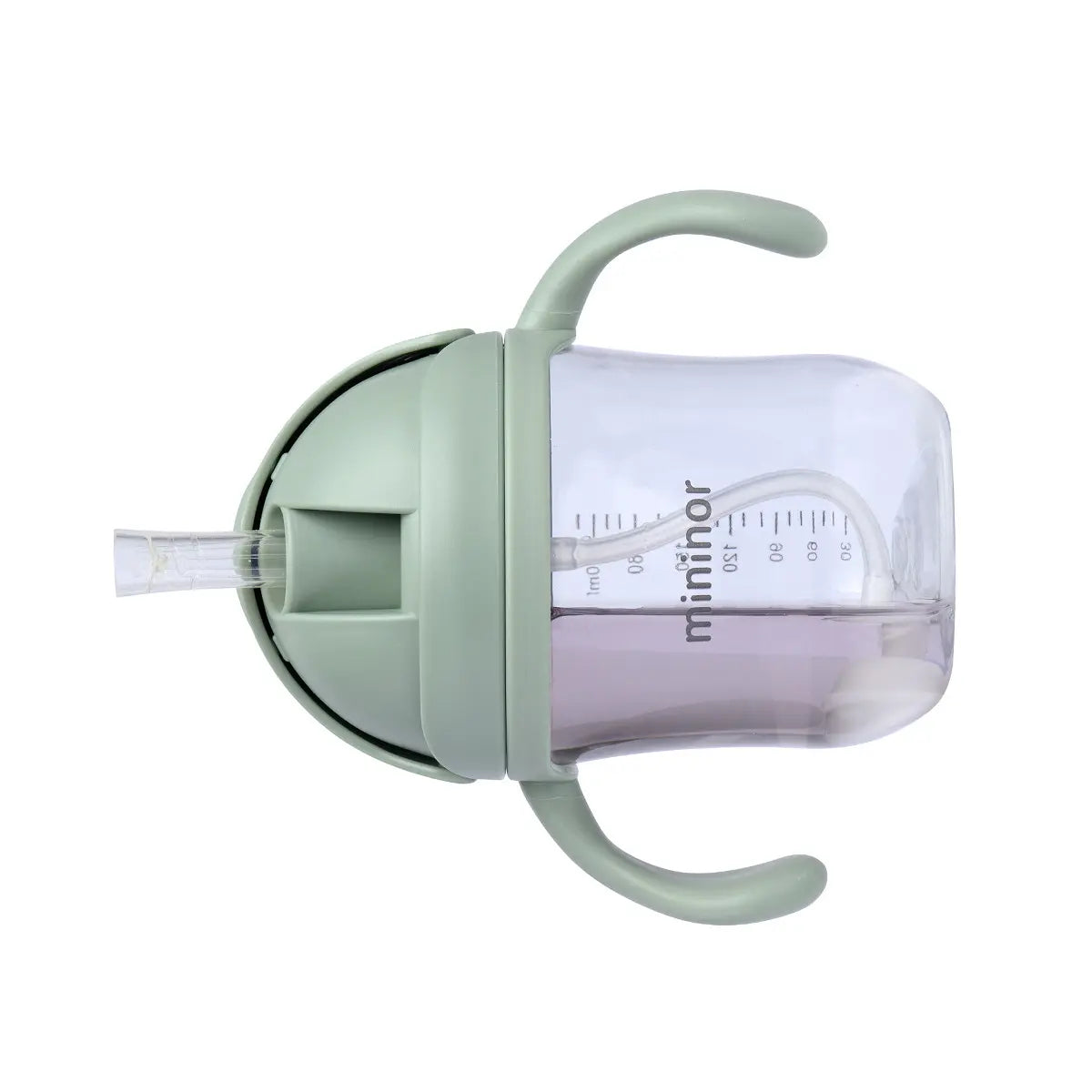 Green clear Mininor Straw Bottle with handles perfect for Toshi Baby and baby strollers