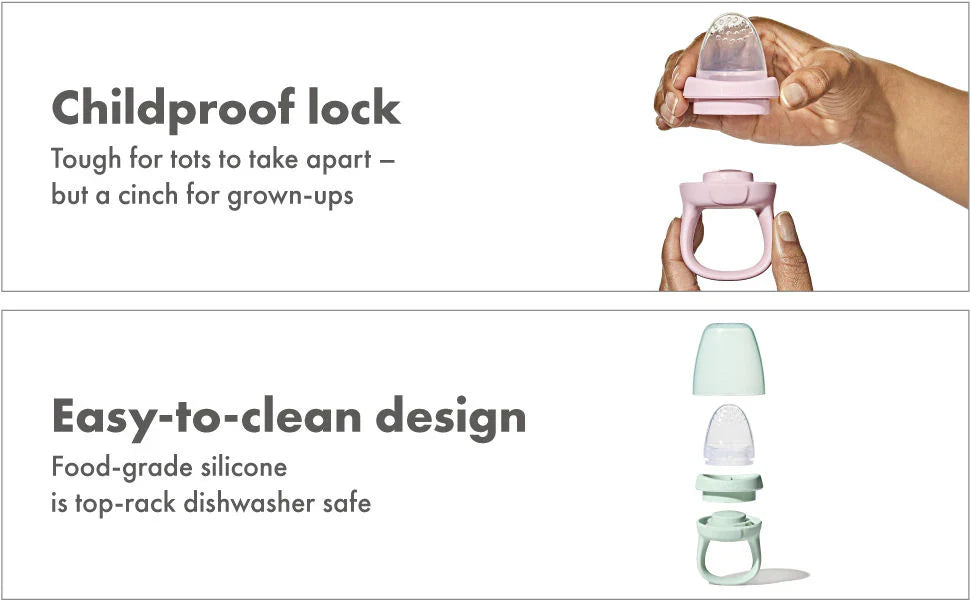 Oxo Tot Silicone Self-Feeder with childproof lock and easy cleaning for on-the-go snacking
