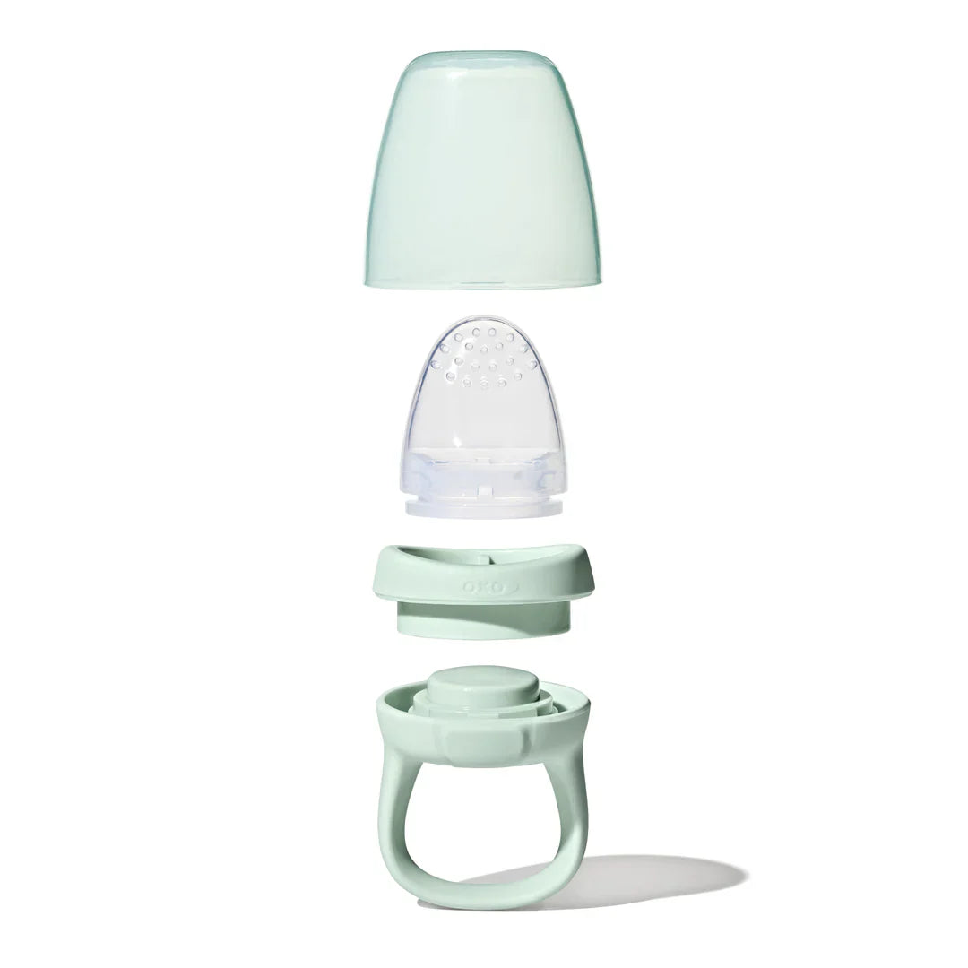 Teal OXO Tot Silicone Self-Feeder disassembled for Toshi Baby soothe teething tots