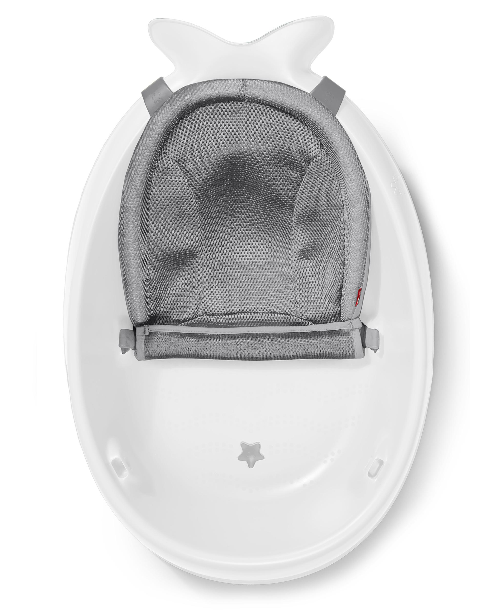 White Toshi Baby bathtub with Gray Mesh Sling for Moby Smart Sling and baby strollers