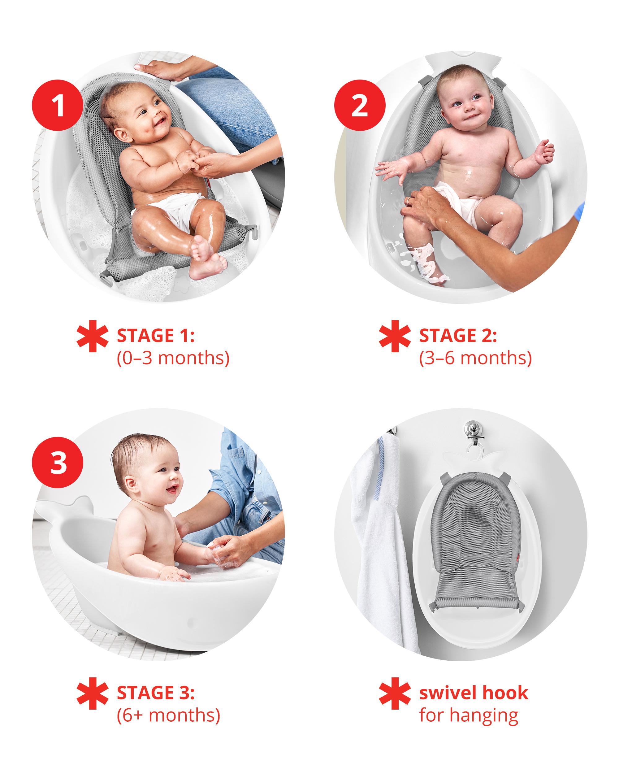Baby bathtub stages with the Skip Hop Moby Smart Sling 3 Stage Tub in white for toshi baby