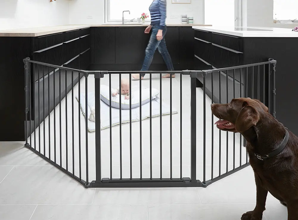 Black metal baby gate from BabyDan Flex Configure for modular baby safety and fence panels