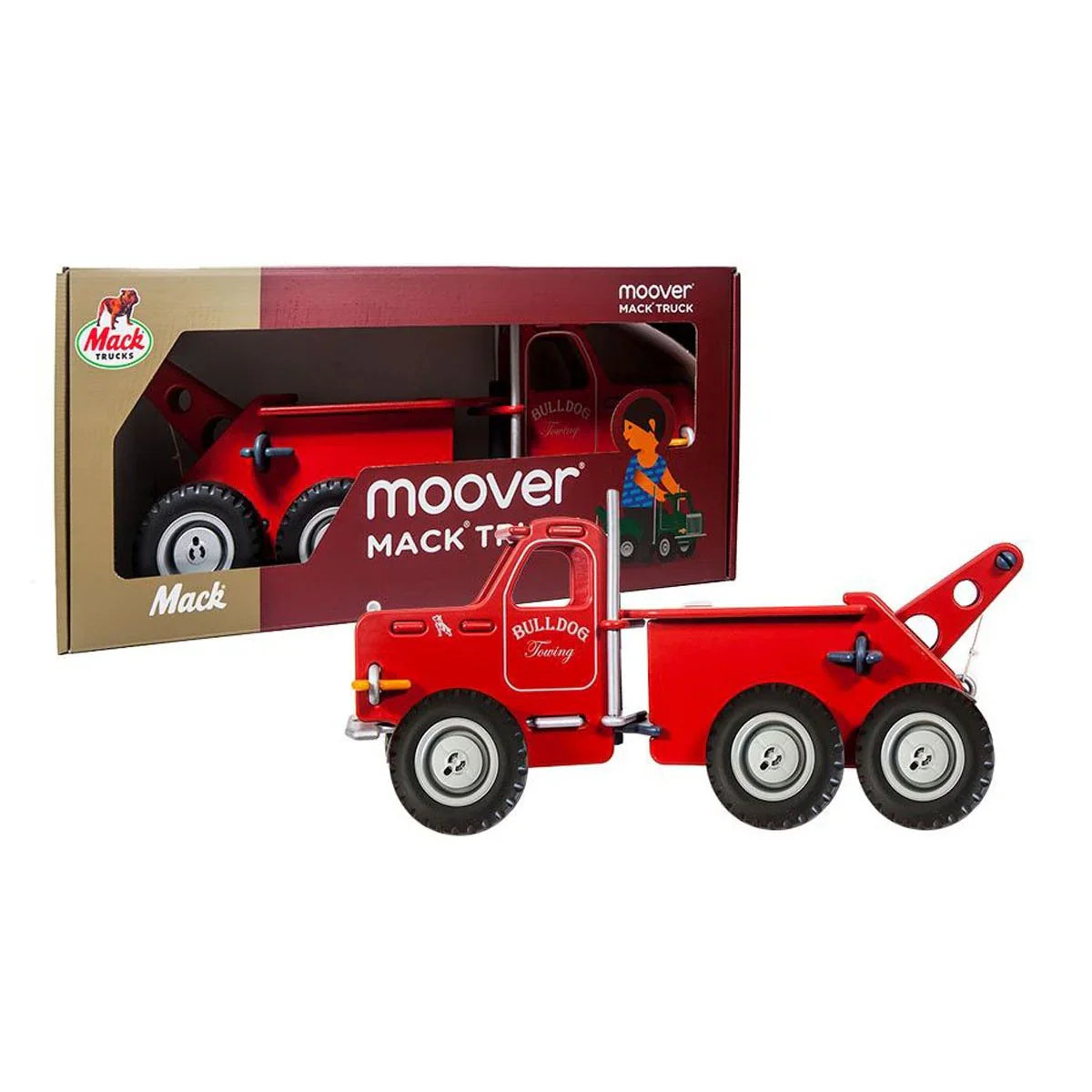 Red wooden toy tow truck from Toshi Baby Moover Classic Mack made with quality veneer plywood