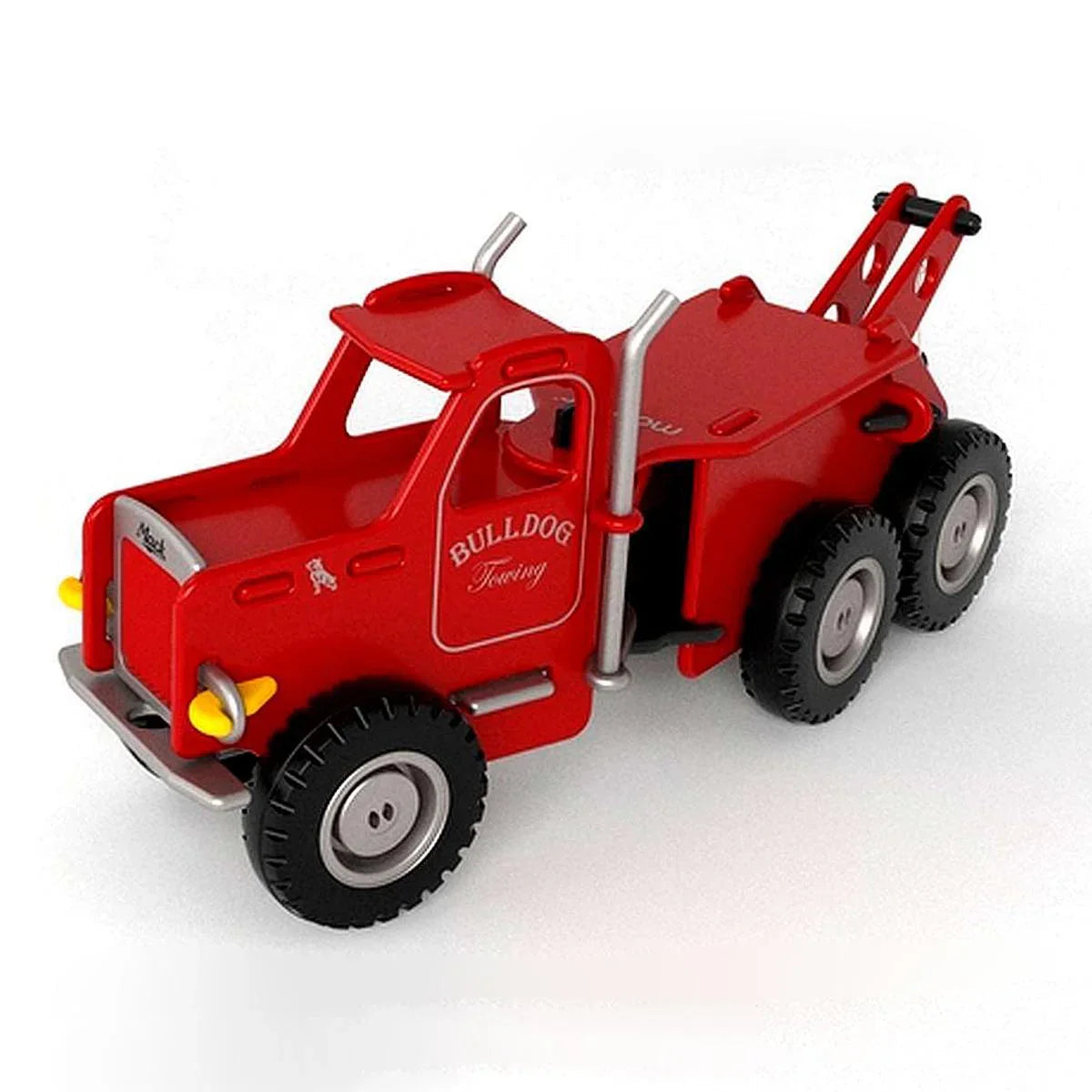 Red wooden toy tow truck from Toshi Baby Moover Classic Mack made with quality veneer plywood