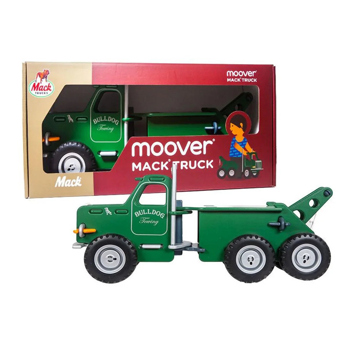 Green wooden toy tow truck from Moover Classic Mack for Toshi Baby and baby strollers