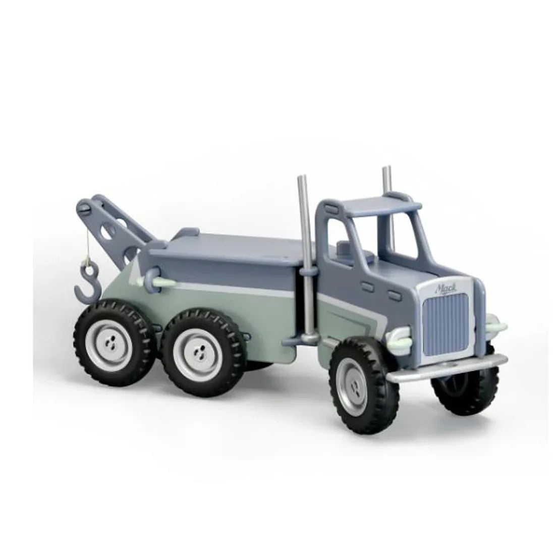 Gray and green Moover Classic Mack toy tow truck made with quality veneer plywood for toshi baby