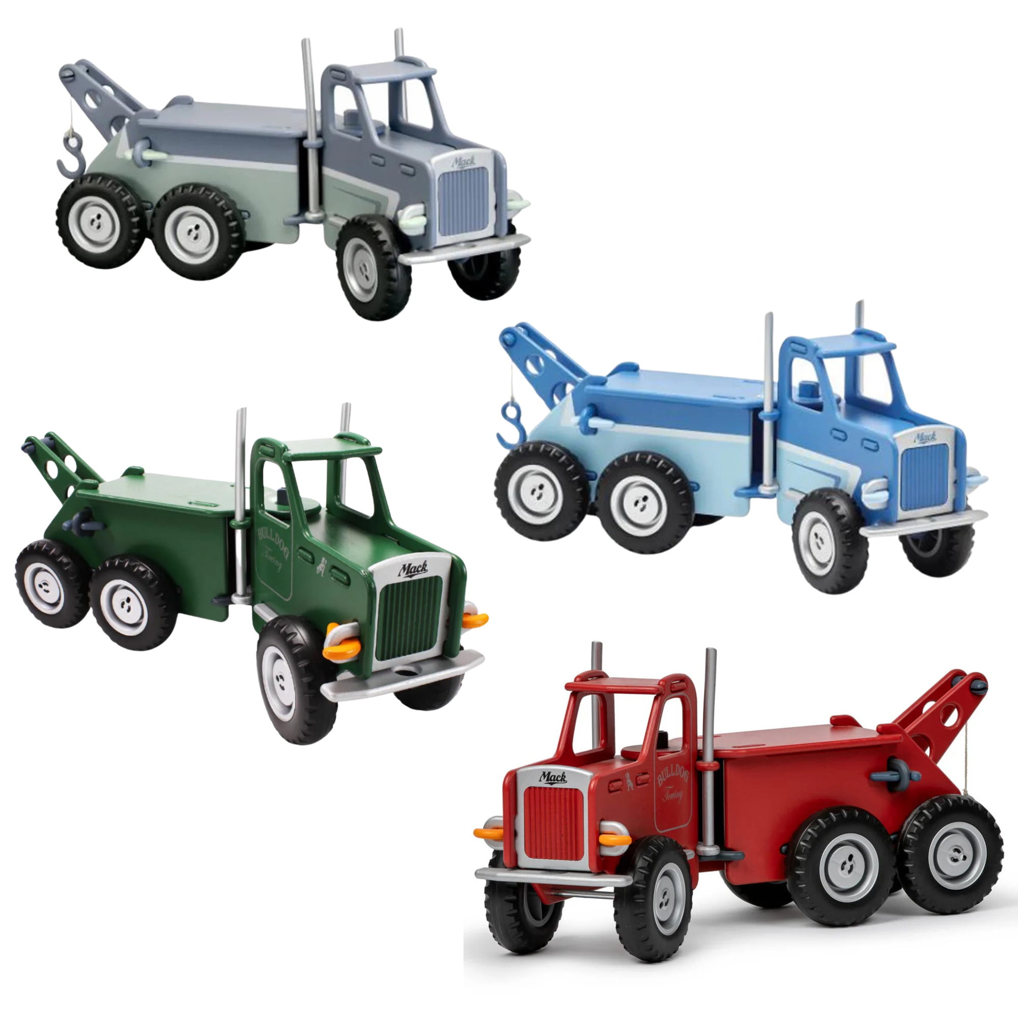 Four toy tow trucks from Toshi Baby’s Moover Classic Mack collection made with quality veneer plywood