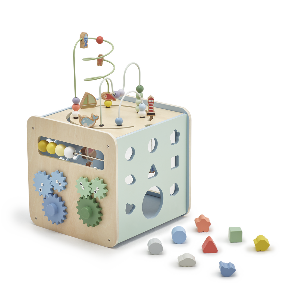 Wooden giant activity cube toy for babies by Toshi Baby, perfect with baby strollers