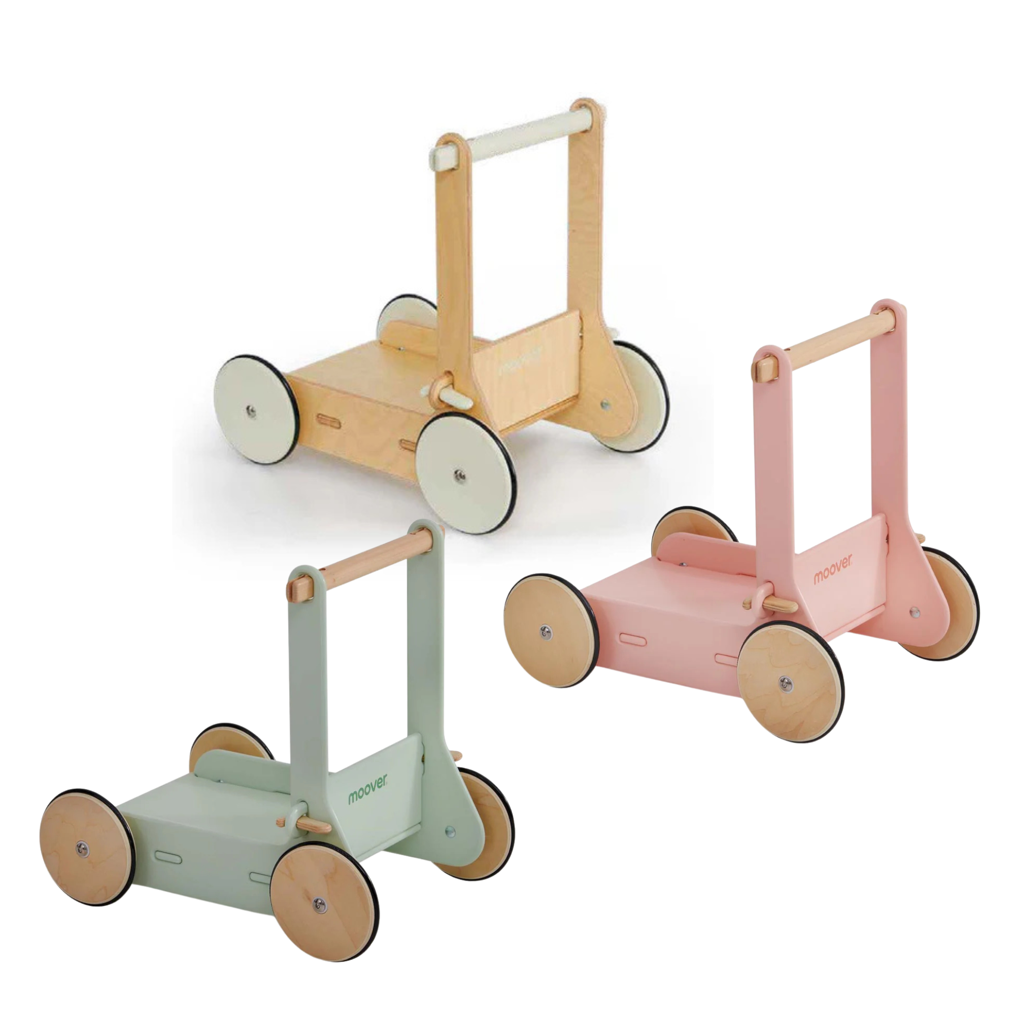Wooden baby walker toys in three colors from Moover Toys Classic for Toshi Baby and baby strollers