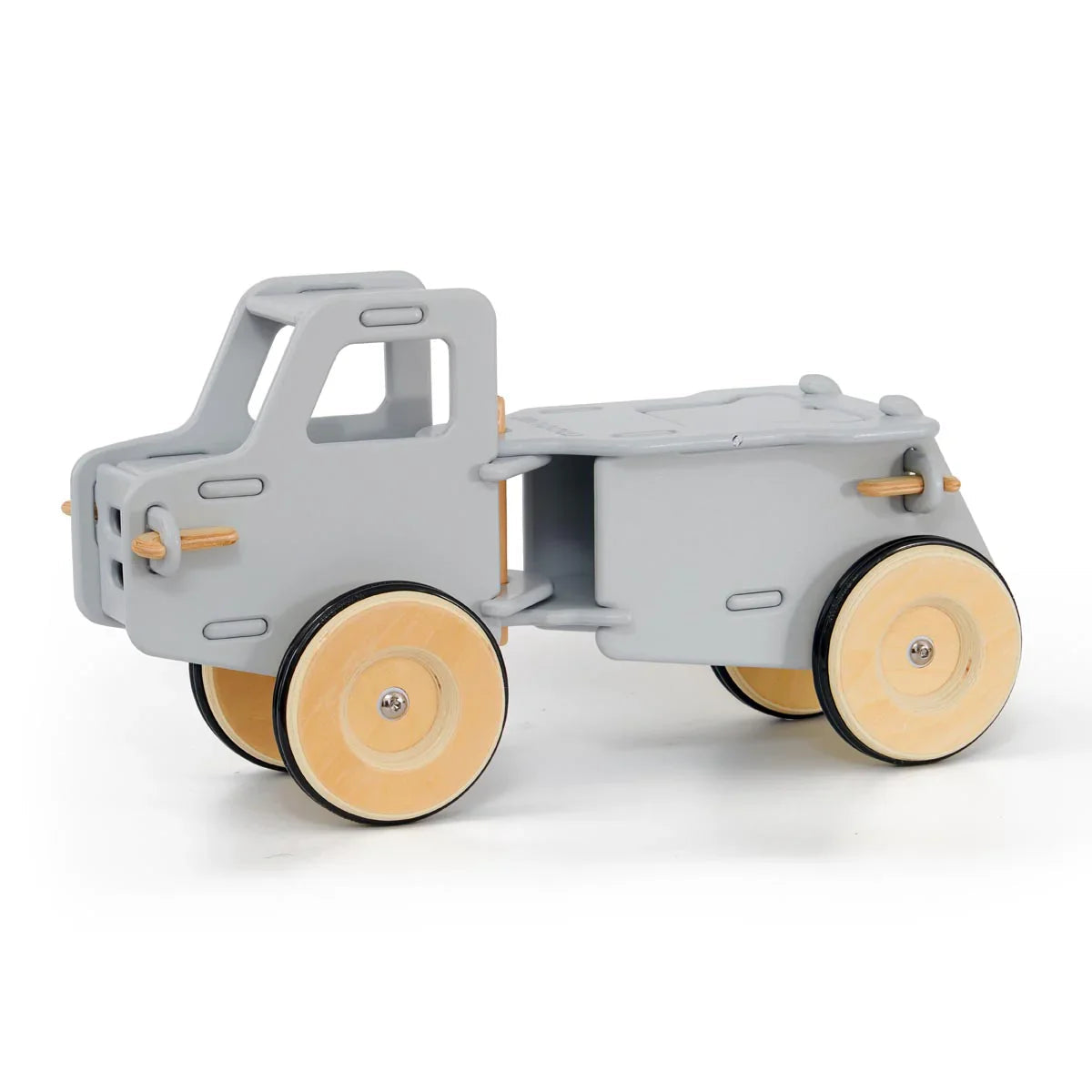 Gray wooden toy truck from Moover Toys Classic Dump Truck to enhance gross motor skills