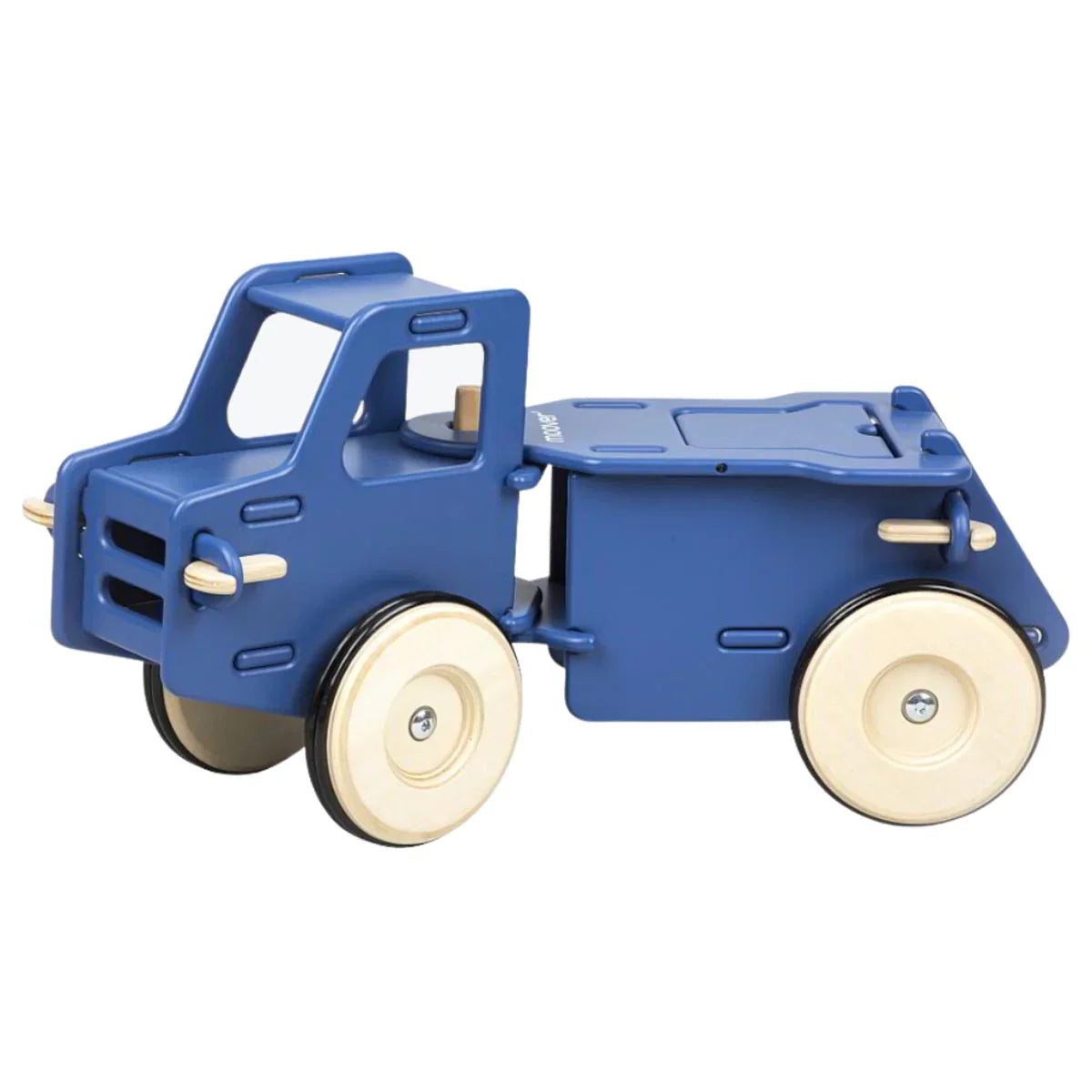 Blue wooden toy truck from Moover Toys Classic for Toshi Baby and baby strollers