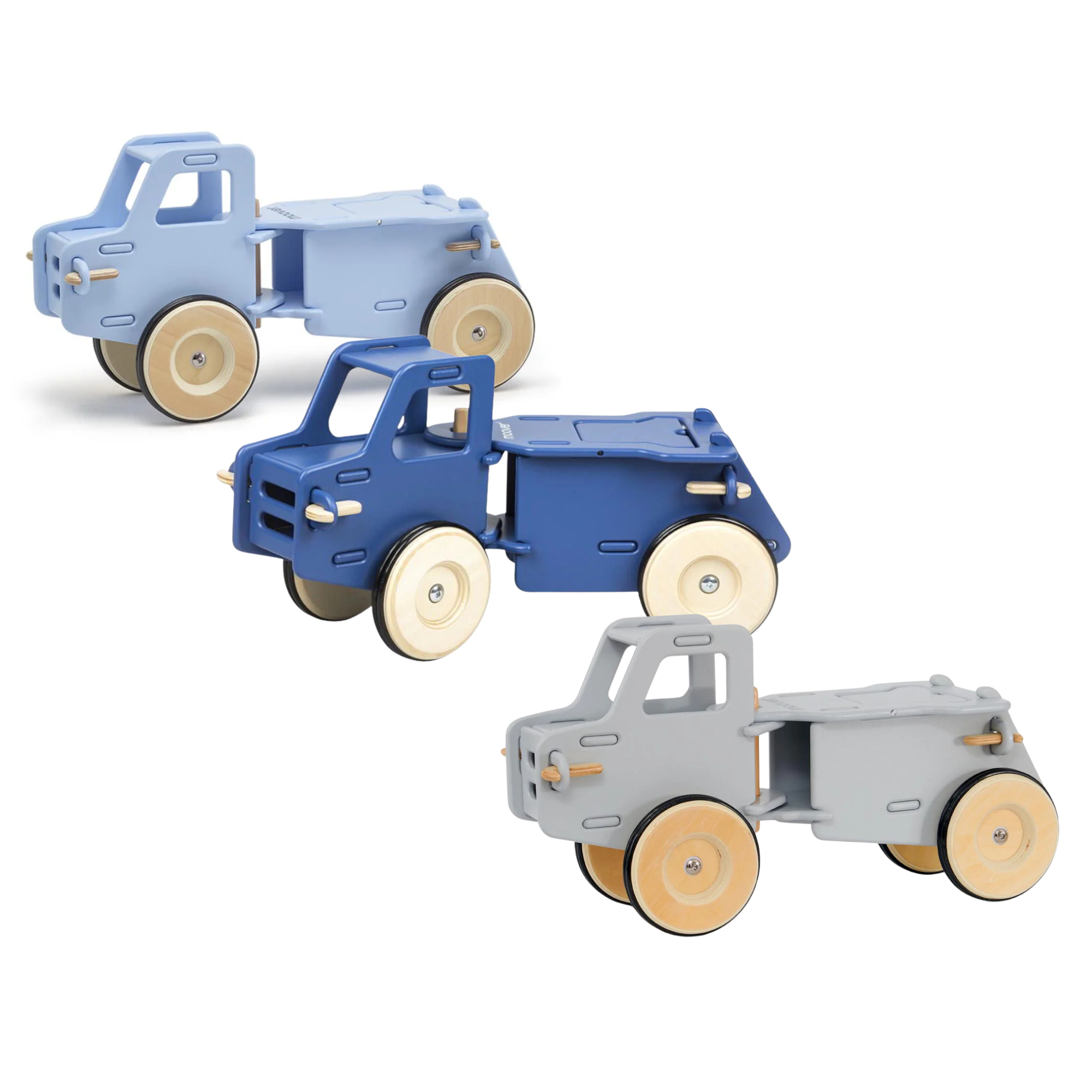 Three wooden toy trucks from Moover Toys Classic to boost gross motor skills for kids