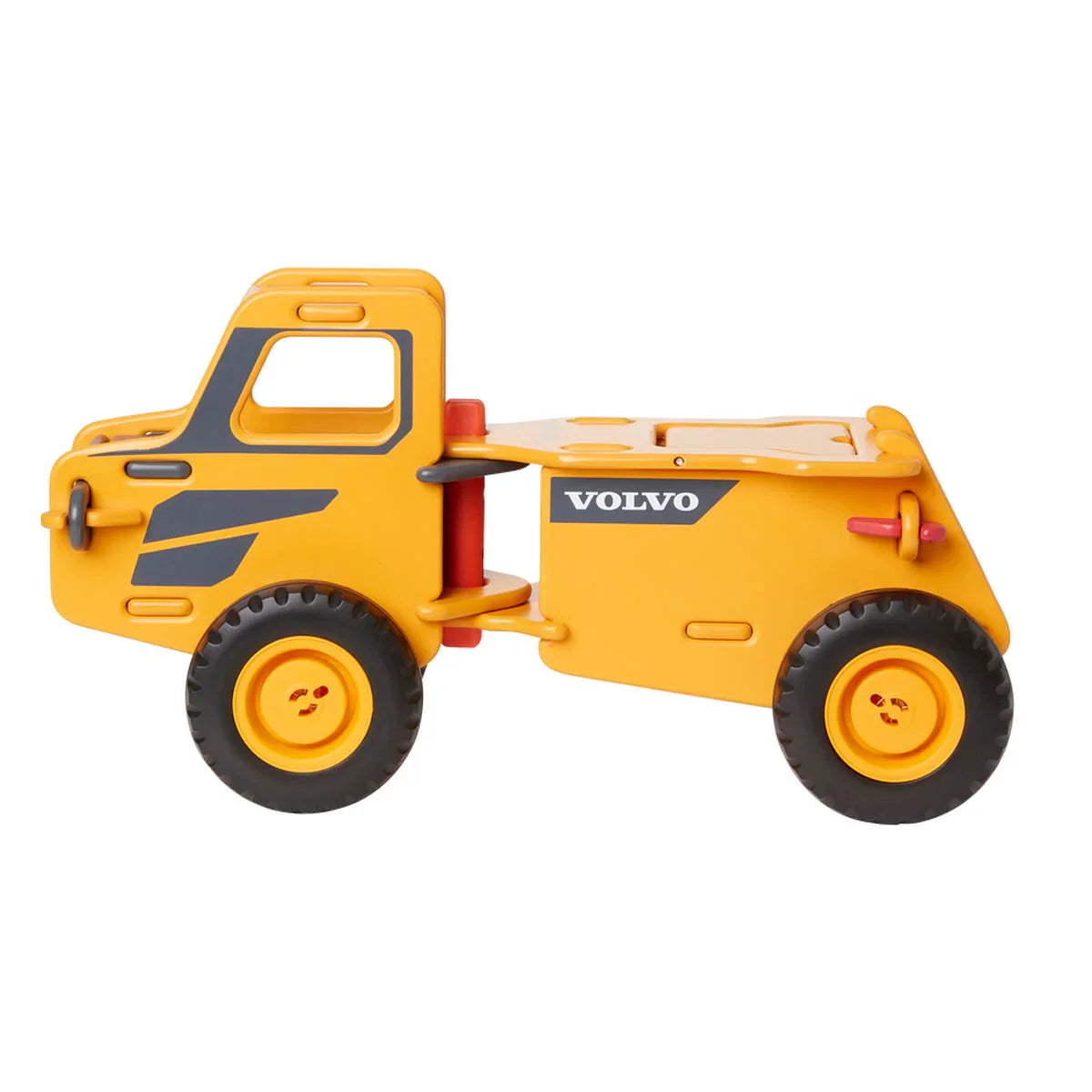 Yellow wooden Moover Toys classic dump truck for kids, perfect with baby strollers