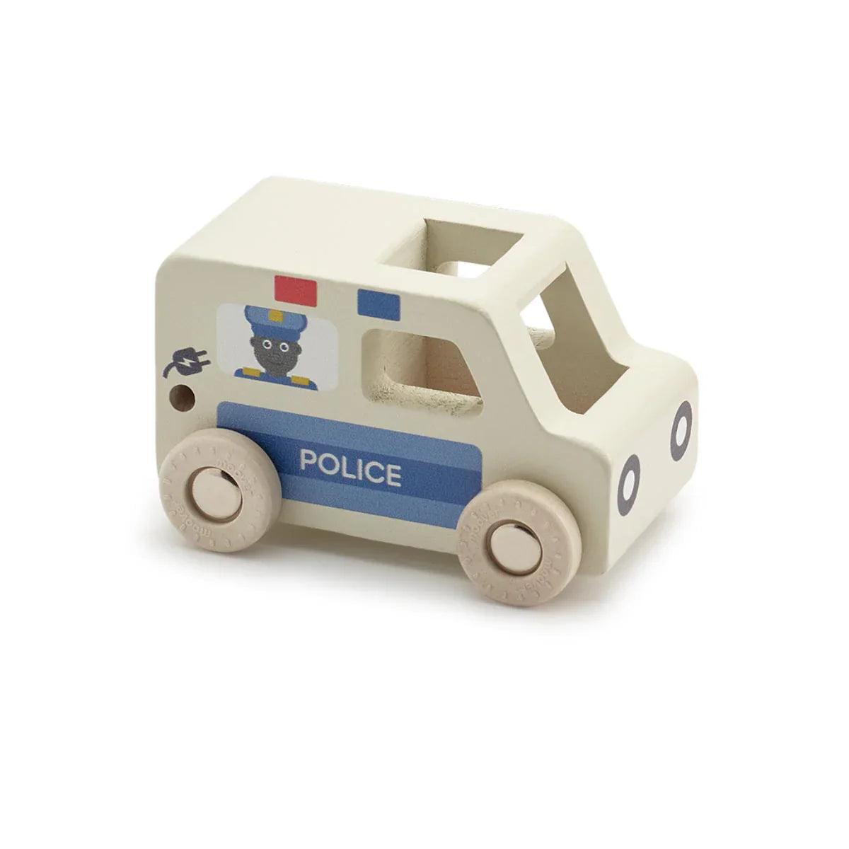 Wooden toy police car from Moover Toys Essentials, perfect for Toshi Baby Romper and baby strollers